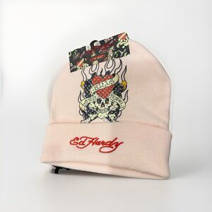 Ed Hardy 2pc NEW Beanie Hat Set Skull Rhinestones Pink Tiger Patch Black OS